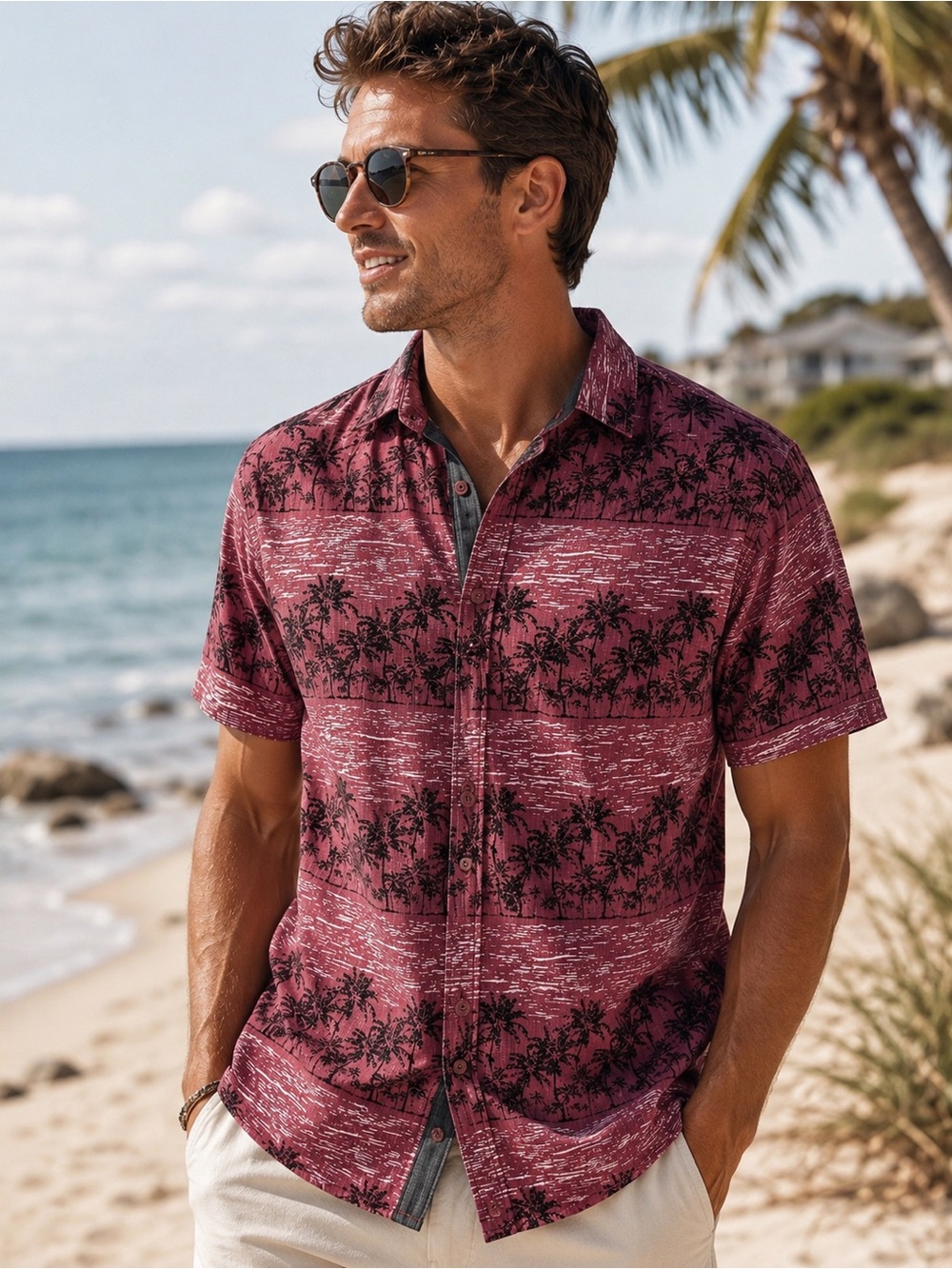Good Vibes Men’s L Burgundy Palm Tree Tropical Button Up Slim Fit Shirt Coastal